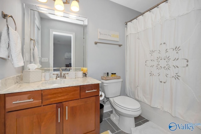 bathroom with toilet, vanity, shower / bath combination with curtain, and tile patterned floors