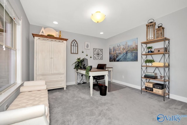 home office with baseboards, dark colored carpet, and recessed lighting