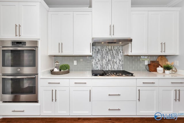 kitchen featuring stainless steel appliances, white cabinetry, backsplash, and extractor fan