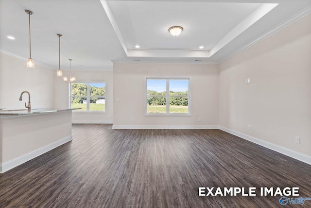 unfurnished living room featuring sink, a raised ceiling, dark hardwood / wood-style floors, a notable chandelier, and ornamental molding