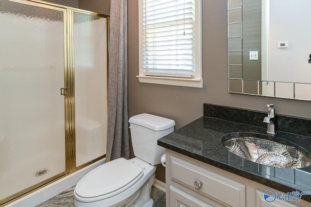 bathroom with a shower stall, toilet, and vanity