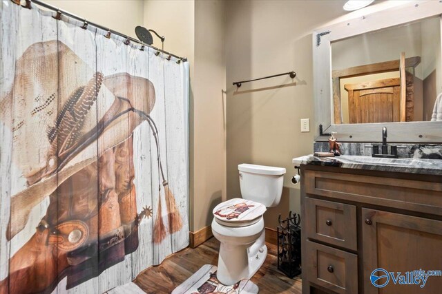 full bath with wood finished floors, a shower with shower curtain, vanity, and toilet