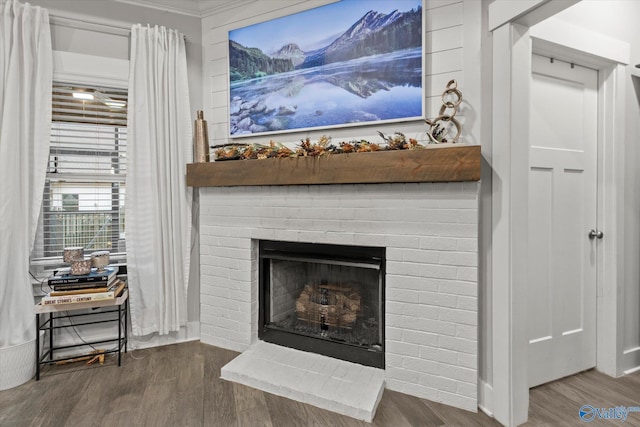 details featuring a fireplace and hardwood / wood-style floors