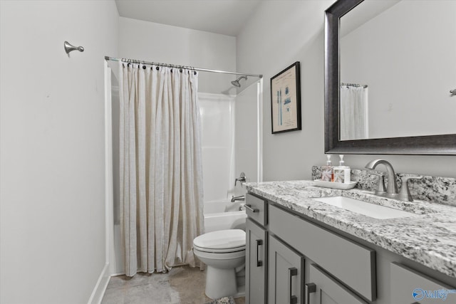 full bathroom with shower / bath combo, vanity, and toilet