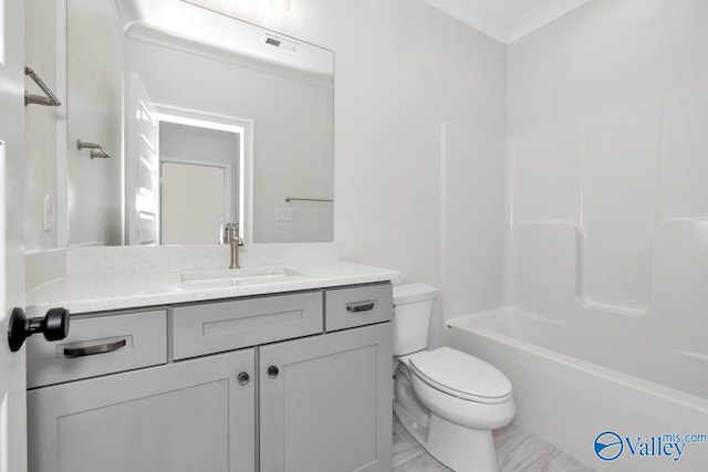 full bathroom with vanity, toilet, and washtub / shower combination