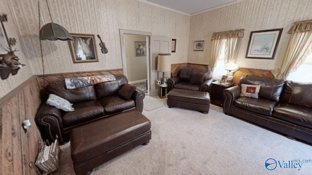 carpeted living room with crown molding