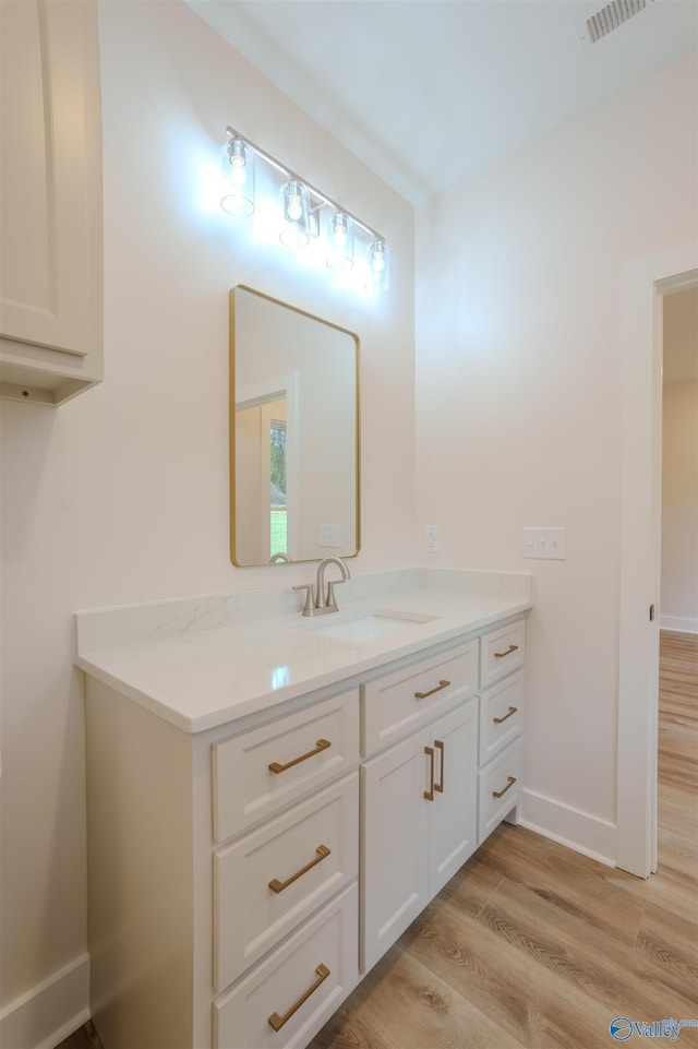 bathroom with hardwood / wood-style flooring and vanity