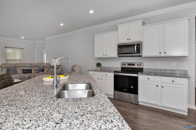 kitchen with sink, dark hardwood / wood-style floors, appliances with stainless steel finishes, and white cabinetry