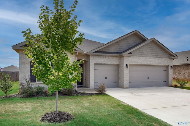 view of front of property with a garage, a front yard, brick siding, and driveway