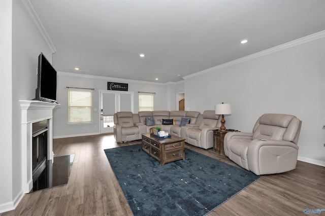 living room with ornamental molding and dark hardwood / wood-style floors