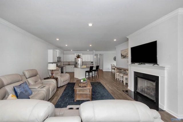 living room featuring crown molding and dark hardwood / wood-style flooring