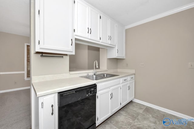 kitchen with white cabinetry, black dishwasher, and sink