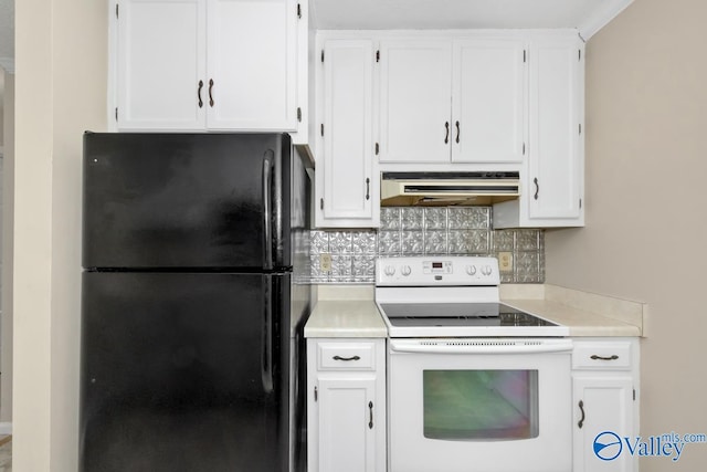 kitchen featuring decorative backsplash, white cabinets, exhaust hood, electric range, and black fridge