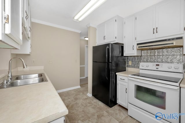 kitchen with white cabinetry, white electric stove, black refrigerator, crown molding, and sink