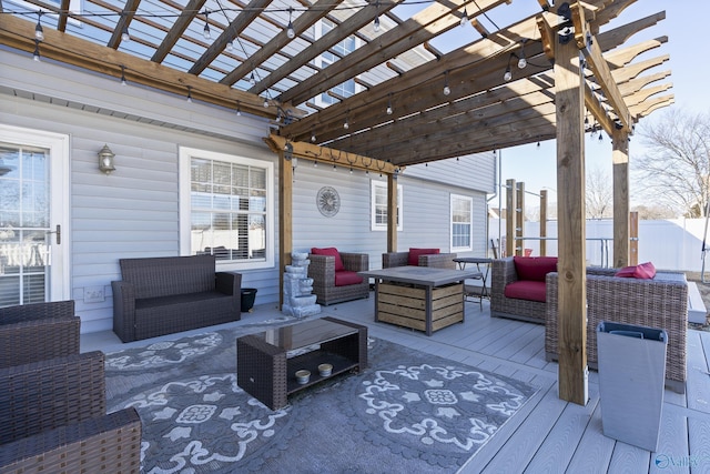 deck featuring outdoor lounge area and a pergola