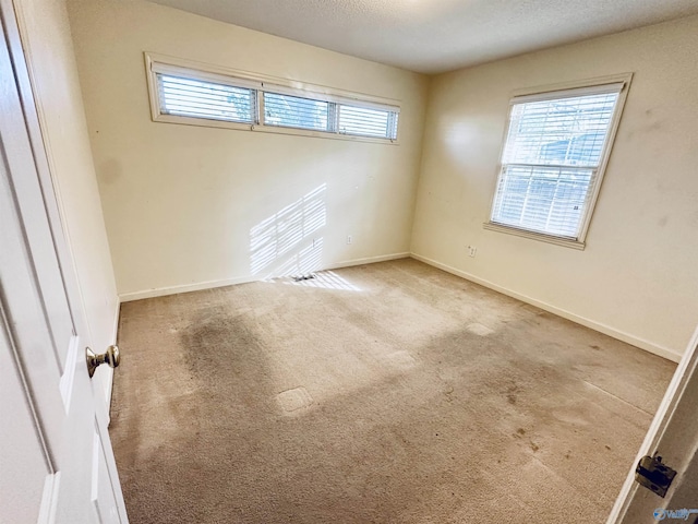 spare room featuring light carpet and a textured ceiling