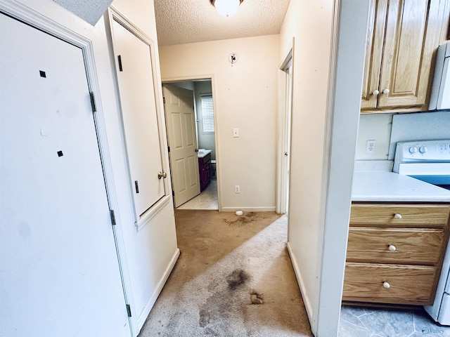 hallway featuring a textured ceiling and light colored carpet