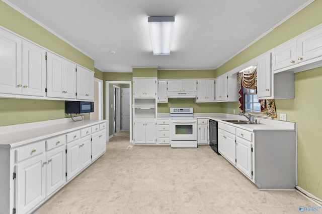 kitchen featuring black appliances, white cabinetry, sink, and ornamental molding