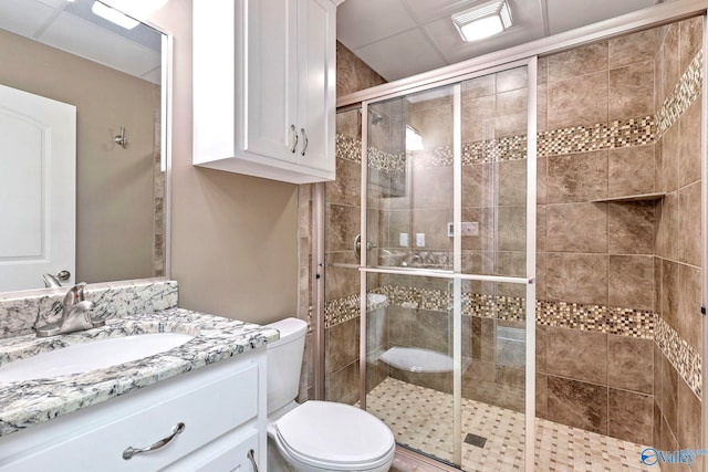 bathroom featuring vanity, toilet, and walk in shower