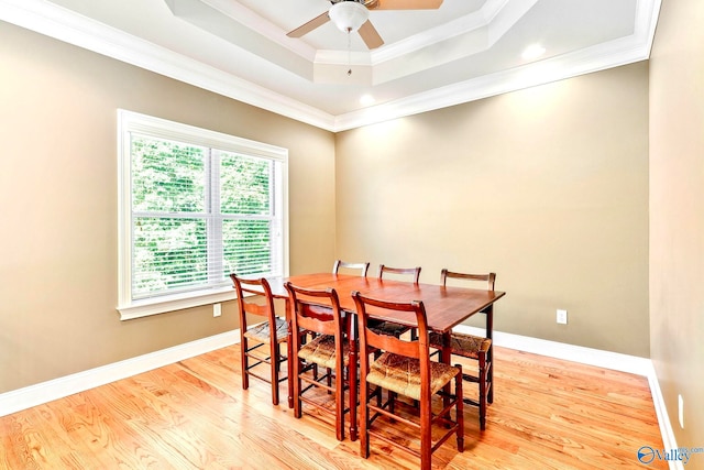 dining area featuring crown molding, a raised ceiling, light hardwood / wood-style floors, and ceiling fan