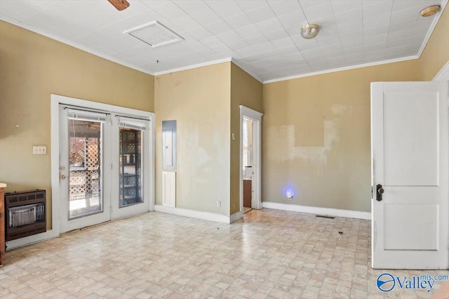 unfurnished room featuring heating unit and ornamental molding