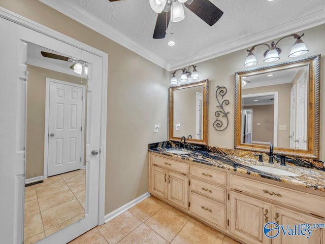 full bath with a sink, tile patterned flooring, and ceiling fan