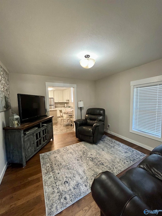 living room with a textured ceiling and dark hardwood / wood-style flooring