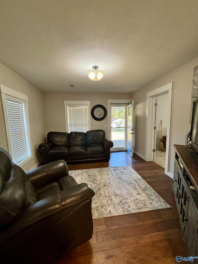 living room featuring a textured ceiling and dark hardwood / wood-style flooring