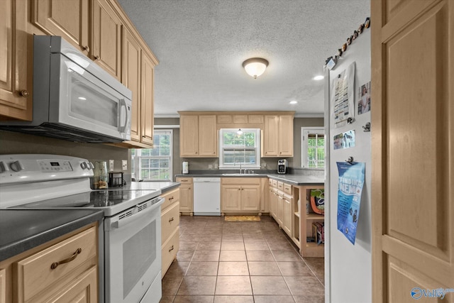 100 Cumberland Cir, Scottsboro, AL 35769 - kitchen with light brown cabinetry, a sink, white appliances, tile patterned floors, and ornamental molding