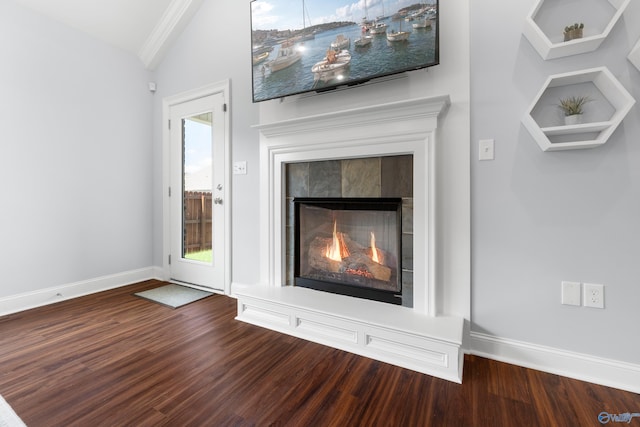 details featuring baseboards, wood finished floors, and a tiled fireplace