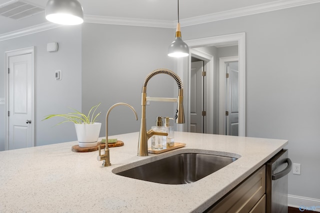 interior details with visible vents, a sink, crown molding, and light stone countertops
