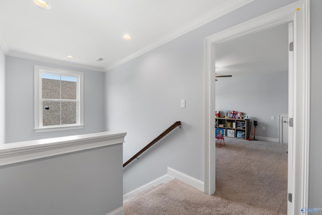 stairway featuring carpet flooring, recessed lighting, baseboards, and ornamental molding