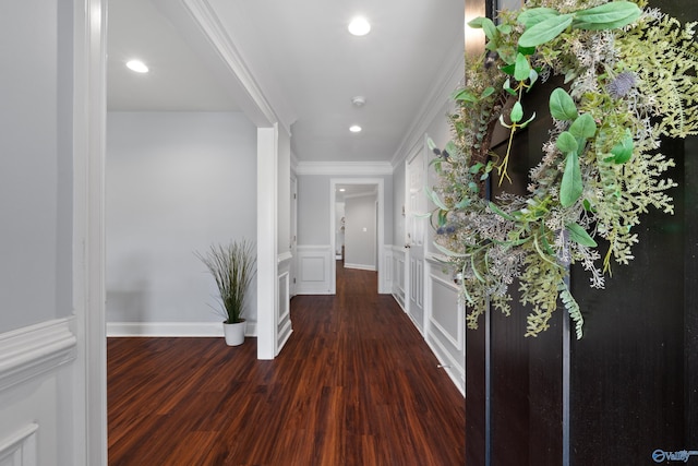 hallway with crown molding, wainscoting, and wood finished floors
