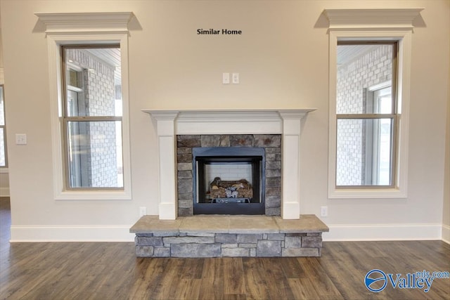 details featuring baseboards, a stone fireplace, and wood finished floors