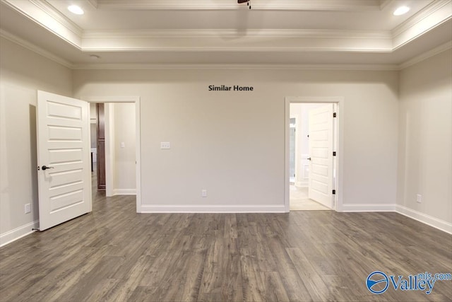 spare room with dark wood-style floors, a raised ceiling, and crown molding
