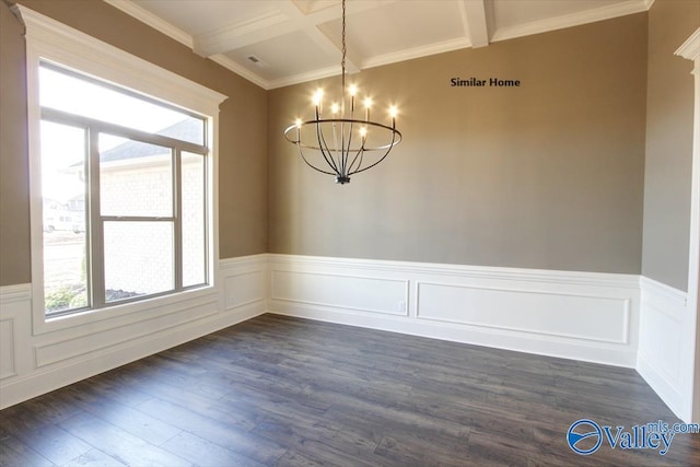 unfurnished dining area with a wainscoted wall, dark wood-style floors, beam ceiling, and a chandelier