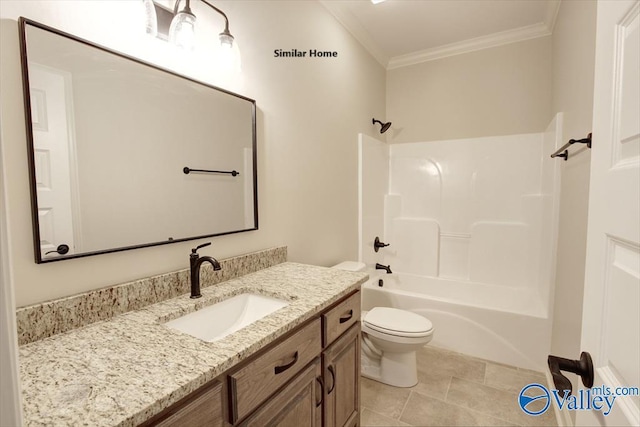 bathroom with shower / bathtub combination, toilet, ornamental molding, and vanity
