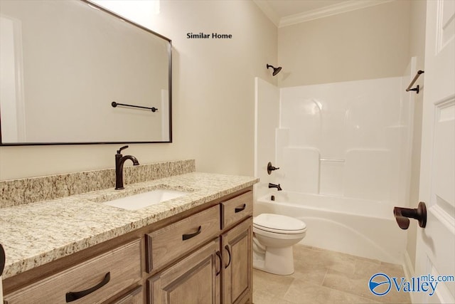 bathroom with tile patterned flooring, toilet, vanity, ornamental molding, and shower / tub combination