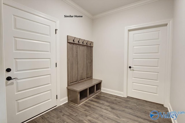 mudroom featuring dark wood-type flooring, baseboards, and ornamental molding