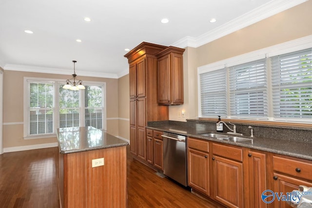 412 Clydebank Dr, Madison, AL 35758 - kitchen featuring dishwasher, a sink, dark wood finished floors, brown cabinetry, and dark stone countertops