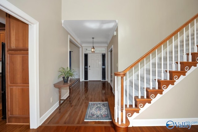 412 Clydebank Dr, Madison, AL 35758 - foyer entrance with stairs, wood finished floors, baseboards, and ornamental molding