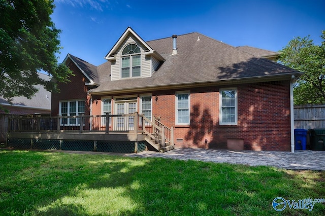 412 Clydebank Dr, Madison, AL 35758 - rear view of house featuring a wooden deck, a patio area, brick siding, and roof with shingles