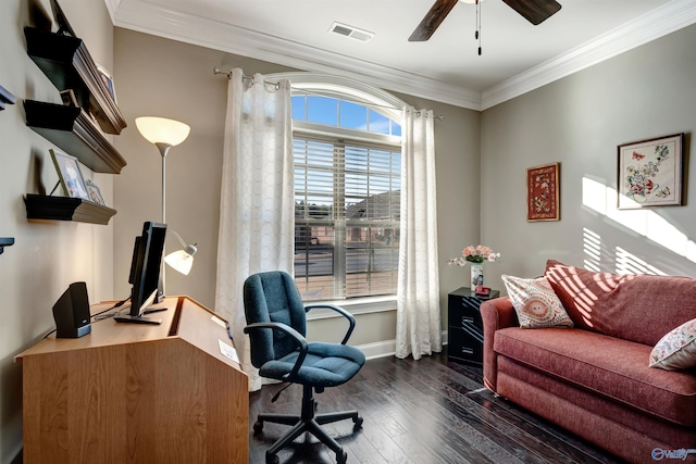 office with ornamental molding, dark hardwood / wood-style flooring, and ceiling fan