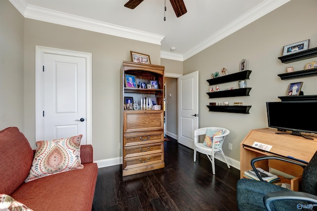 home office featuring ornamental molding, ceiling fan, and dark hardwood / wood-style floors