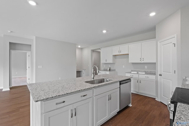 148 Aurora Cir, Fayetteville, TN 37334 - kitchen with stainless steel appliances, a sink, white cabinetry, light stone counters, and recessed lighting