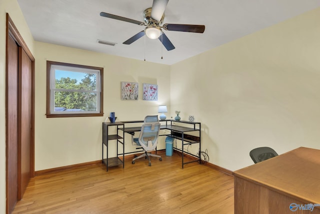 office featuring light hardwood / wood-style flooring and ceiling fan