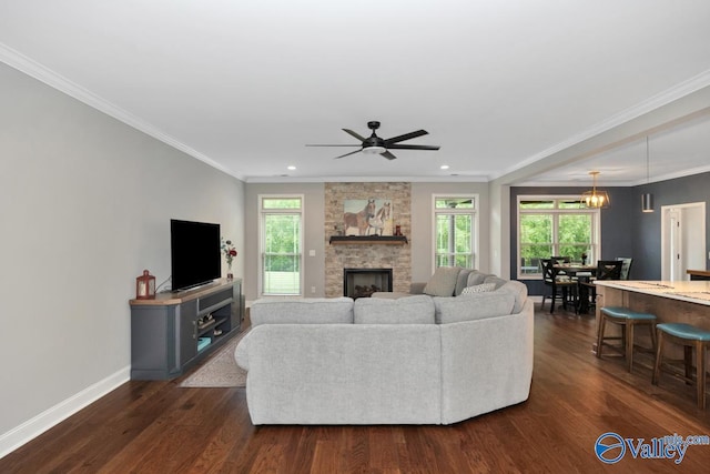 7528 Flint Crossing Cir, Owens Cross Roads, AL 35763 - living area featuring healthy amount of natural light, dark wood-style floors, ceiling fan, a stone fireplace, and recessed lighting