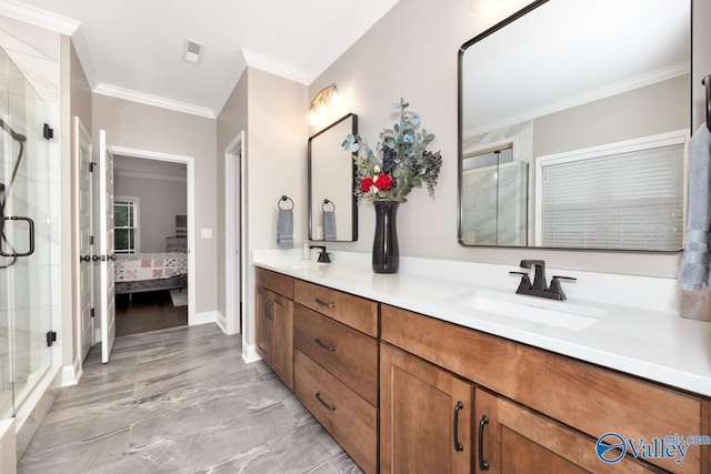 7528 Flint Crossing Cir, Owens Cross Roads, AL 35763 - ensuite bathroom with a stall shower, double vanity, crown molding, and marble finish flooring