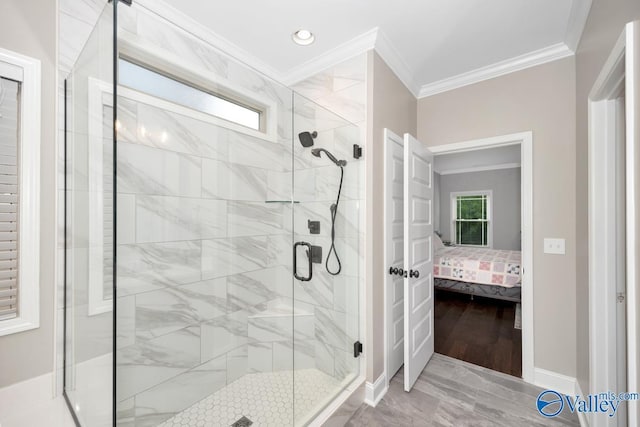 7528 Flint Crossing Cir, Owens Cross Roads, AL 35763 - bathroom featuring crown molding, a stall shower, plenty of natural light, connected bathroom, and recessed lighting