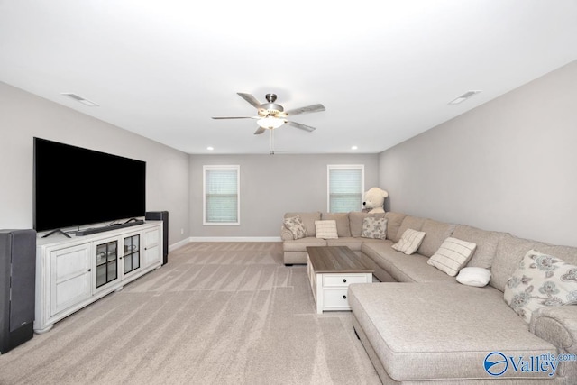 7528 Flint Crossing Cir, Owens Cross Roads, AL 35763 - living area with light carpet, ceiling fan, and recessed lighting